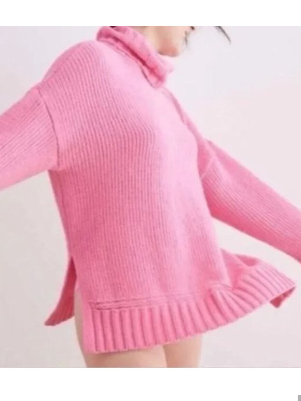 aerie Bubblegum Pink Ribbed Turtleneck Sweater with Side Slits